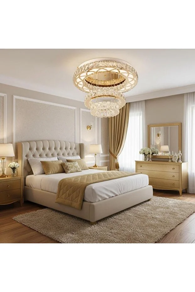 Plafonyer lazer kesim kristal taşlı gold ledli avize